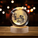 3D Galaxy Crystal Ball Lamp – Moon Shape LED Night Light with Wooden Base